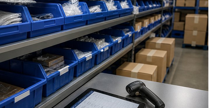 Sorted crowdfunding reward components and SKU bins prepared for packing